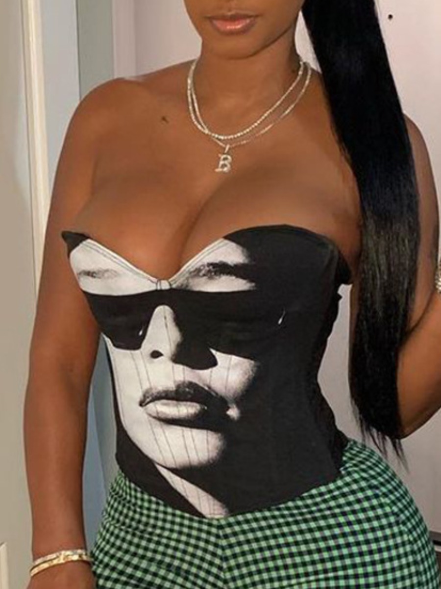 

Lovely Sexy Off The Shoulder Figure Print Black Camisole
