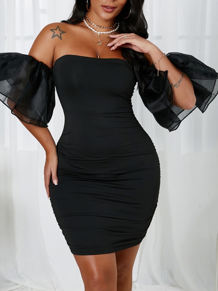 

Lovely Sweet Mesh Flounce Design Black Mini Dress