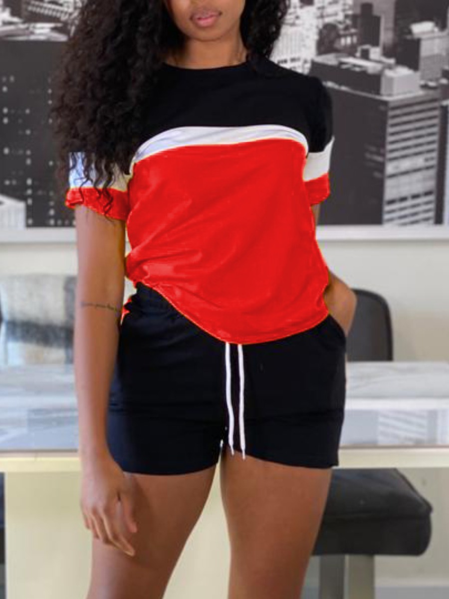 

Lovely Sporty O Neck Color-lump Patchwork Red Two Piece Shorts Set