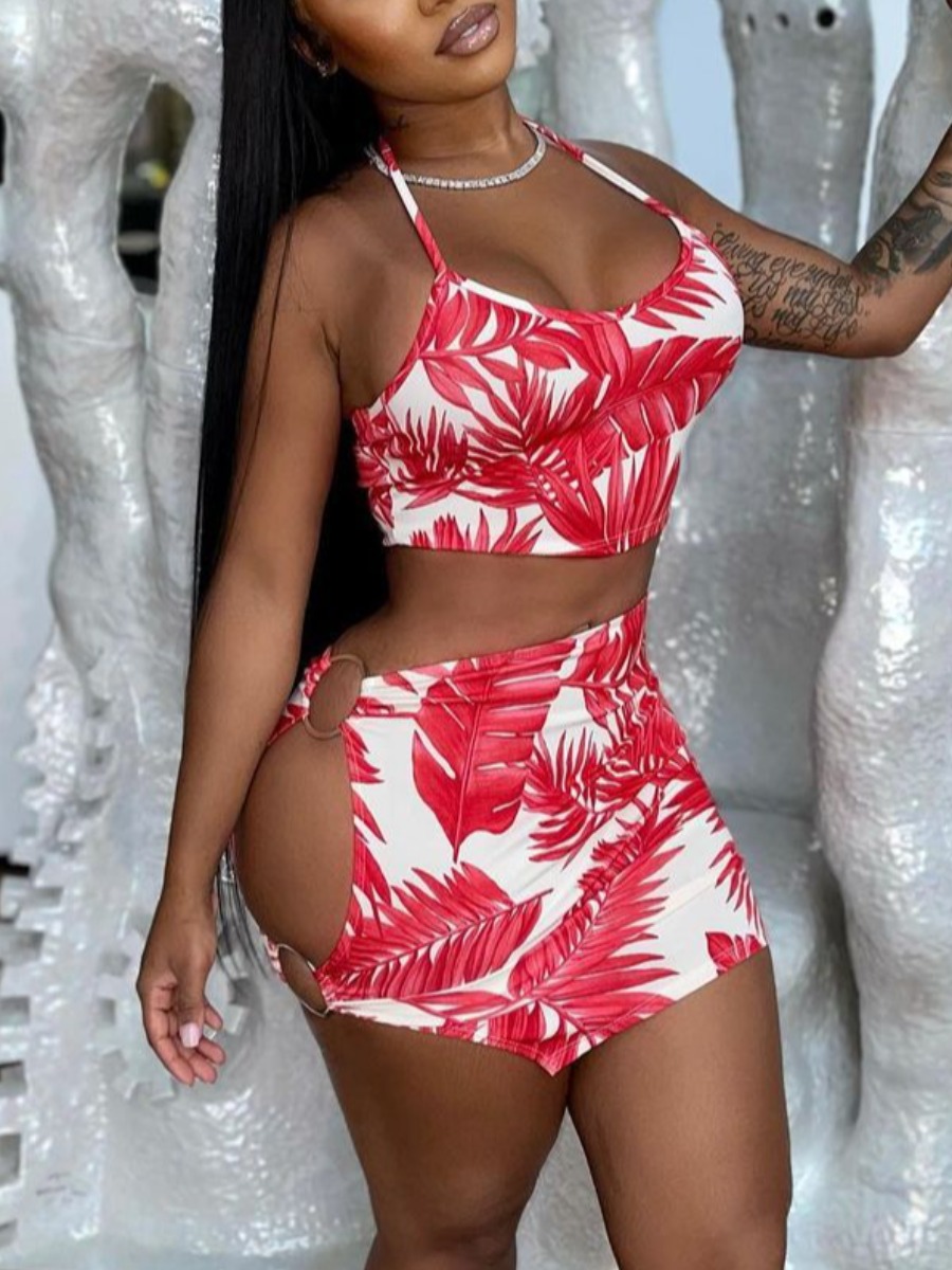 

Lovely Sexy Leaf Print Metal Ring Decoration Red Two Piece Skirt Set