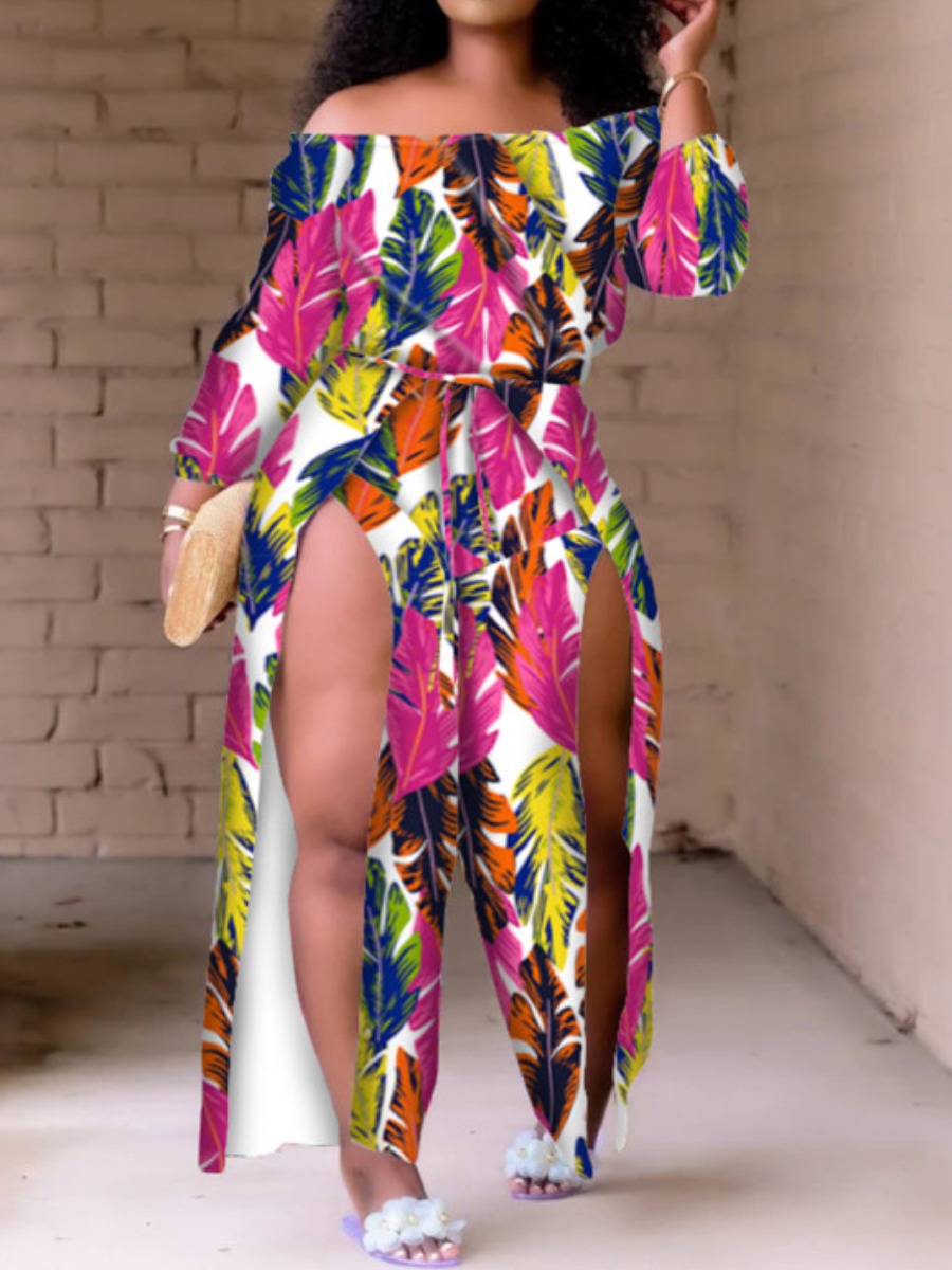 

Lovely Plus Size Boho Floral Print Split Rose Red One-piece Jumpsuit