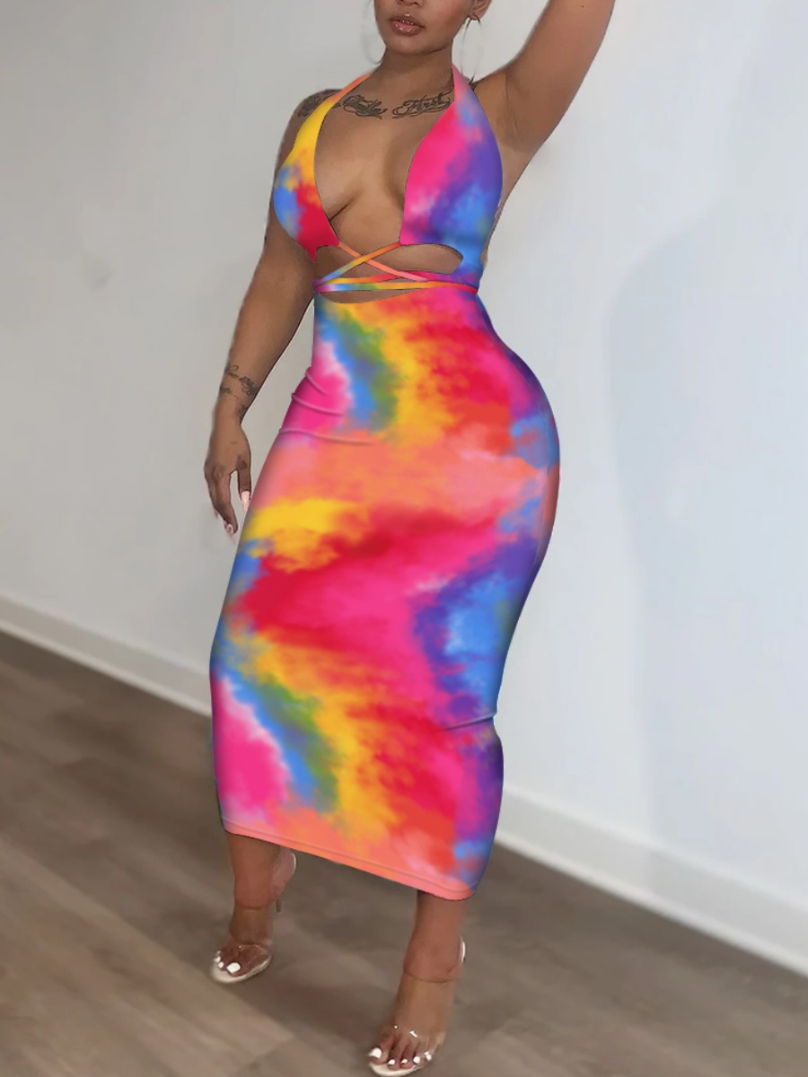 

Lovely Sexy Tie-dye Backless Multicolor Ankle Length Dress, Multi