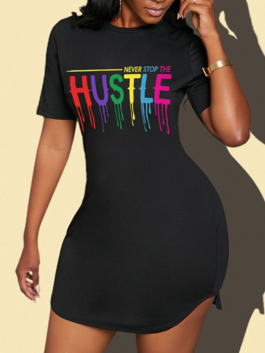 

LW BASICS Casual Round Neck Letter Print Black Mini Dress