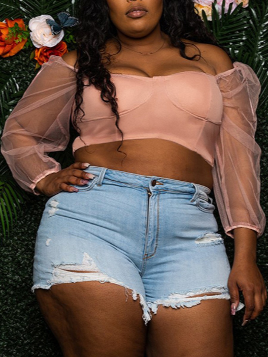 

Lovely Plus Size Sweet Off The Shoulder See-through Dusty Pink Blouse
