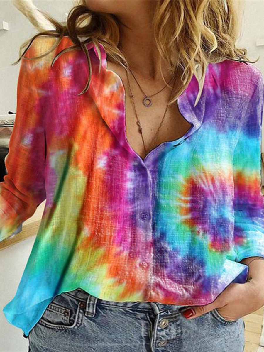

Lovely Plus Size Street Turndown Collar Tie-dye Orange Blouse