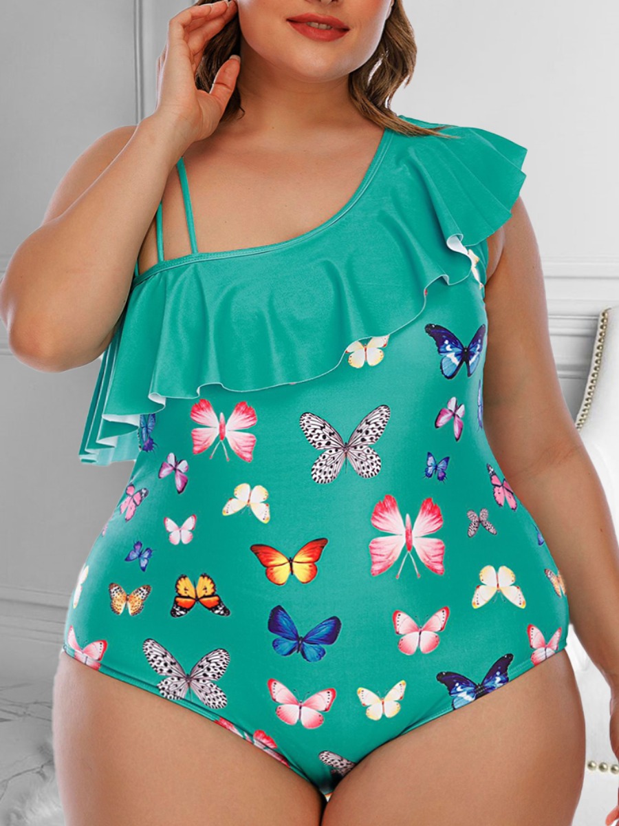 

Lovely Plus Size Boho Butterfly Print Flounce Design Green One-piece Swimsuit