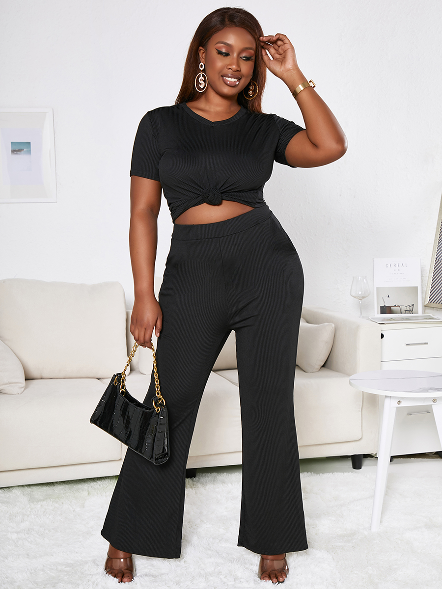 

Lovely Plus Size Street O Neck Flared Black Two-piece Pants Set