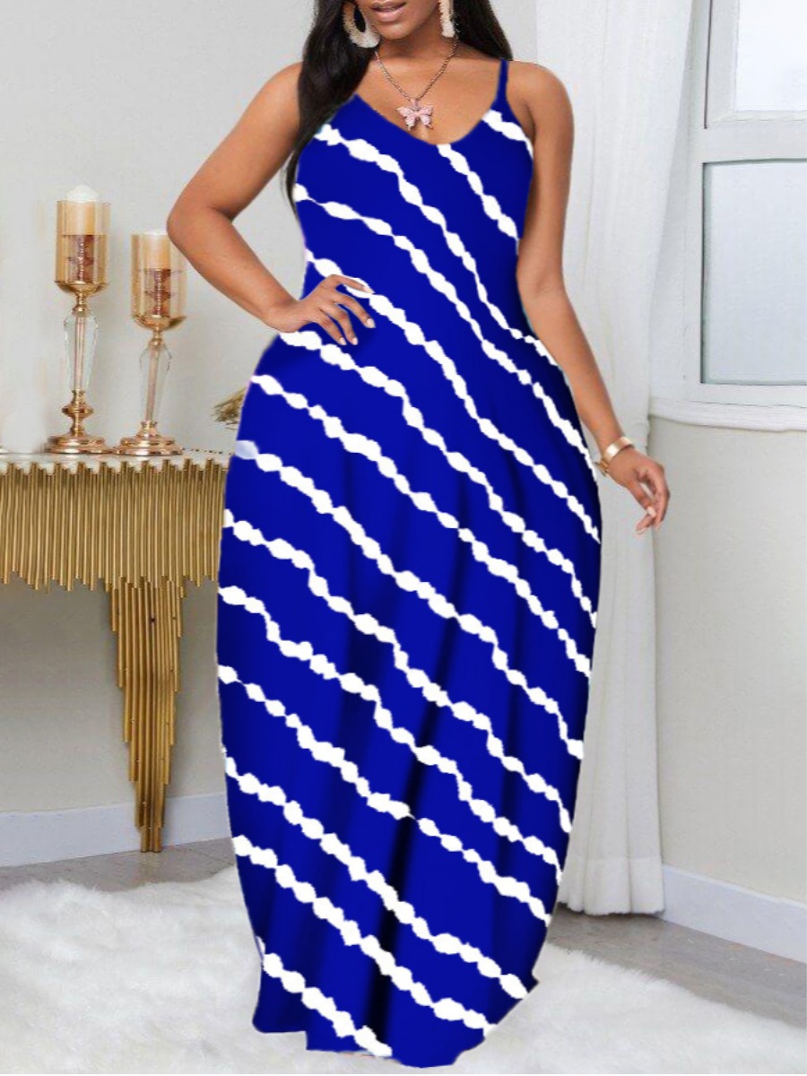 

Lovely Plus Size Casual V Neck Striped Blue Floor Length Dress