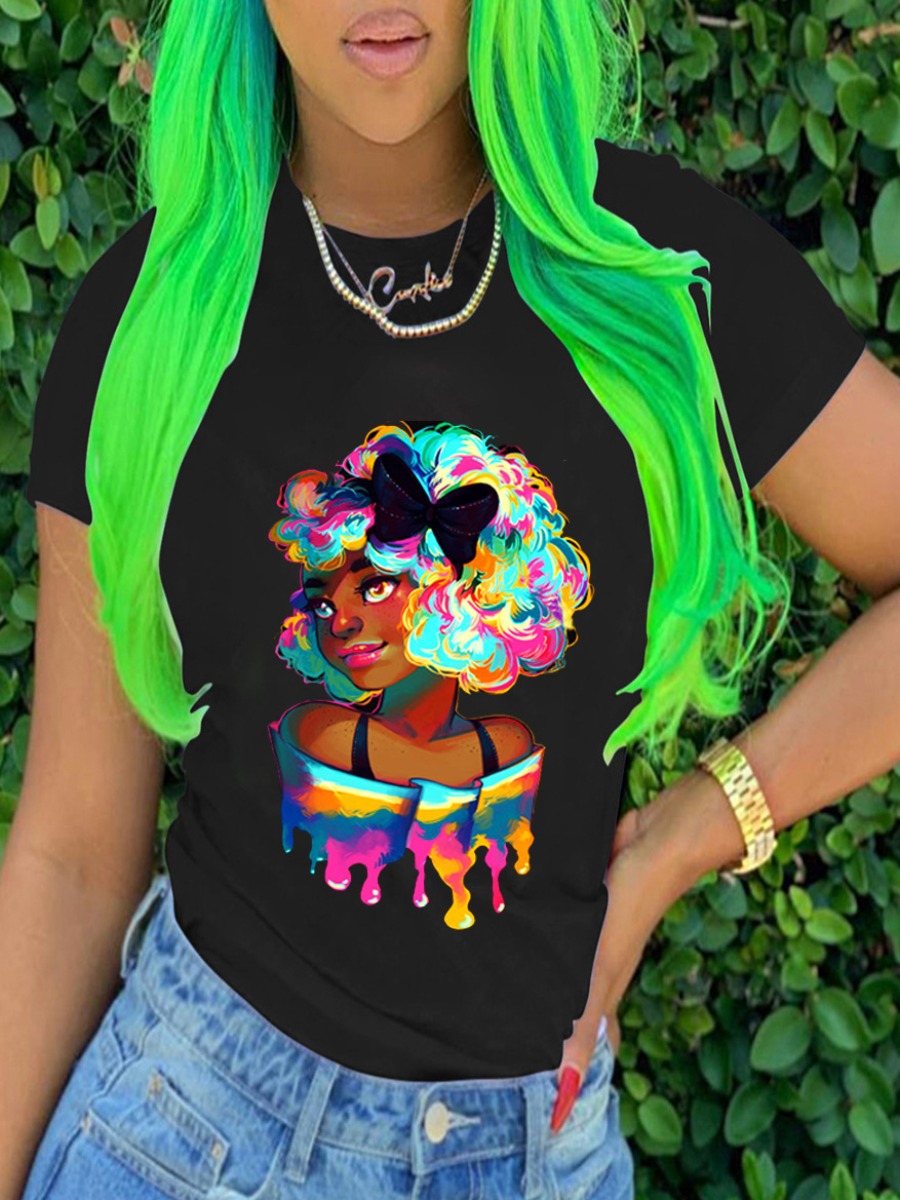 

Lovely Casual O Neck Figure Print Black T-shirt