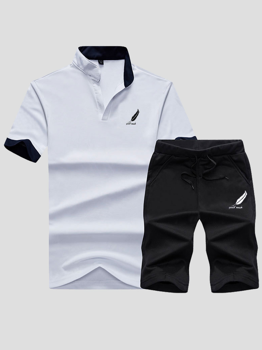 

LW Men Casual Mandarin Collar Drawstring White Two Piece Shorts Set