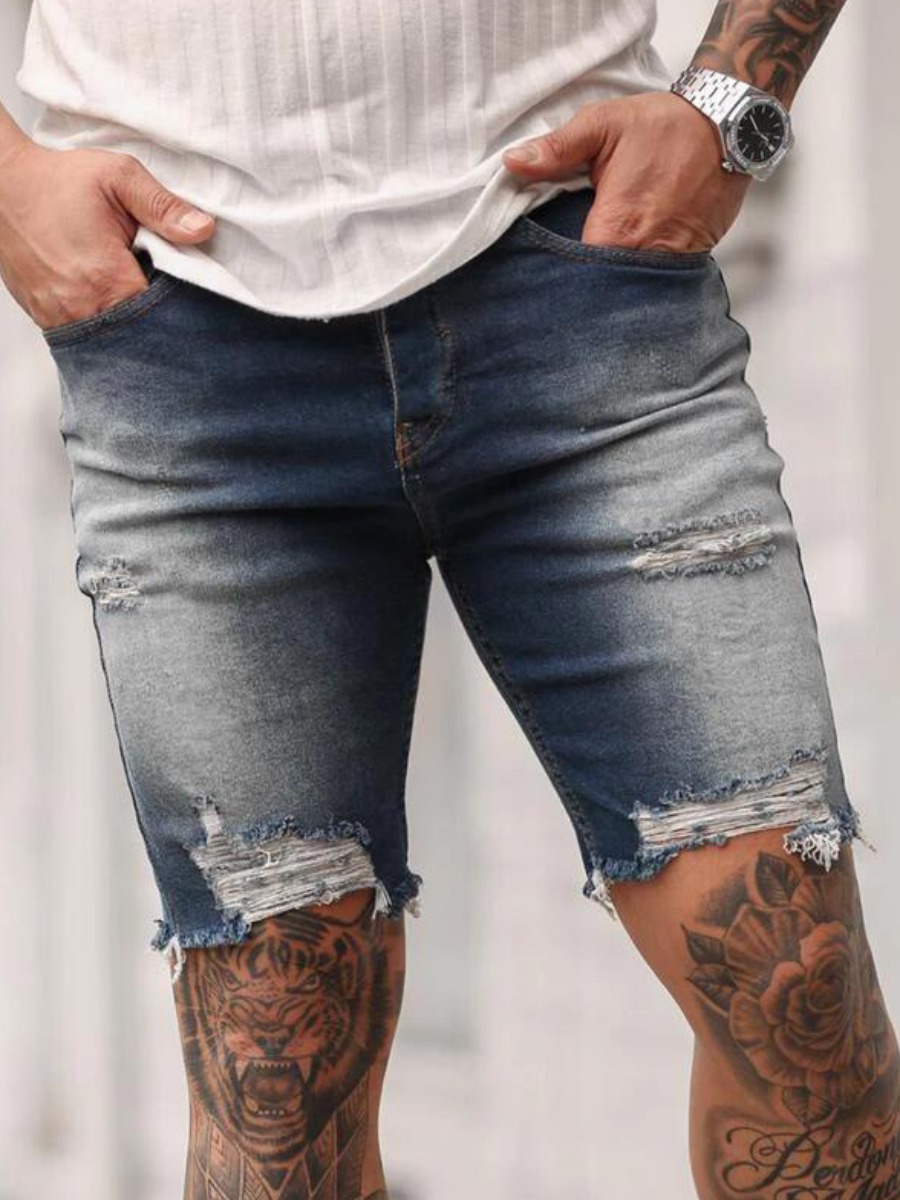 

Lovely Men Casual Mid Waist Ripped Deep Blue Denim Shorts