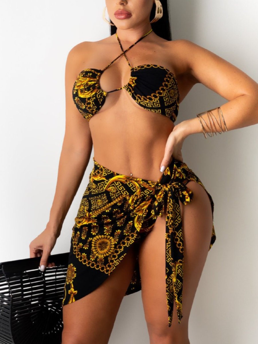 

Lovely Boho Chain Print Bandage Design Yellow Three-piece Swimsuit