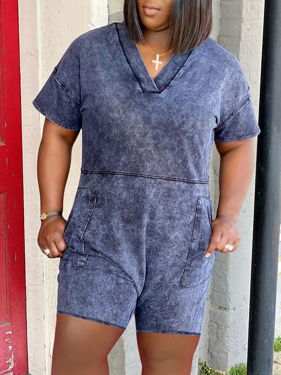 

Lovely Street V Neck Pocket Design Blue One-piece Romper