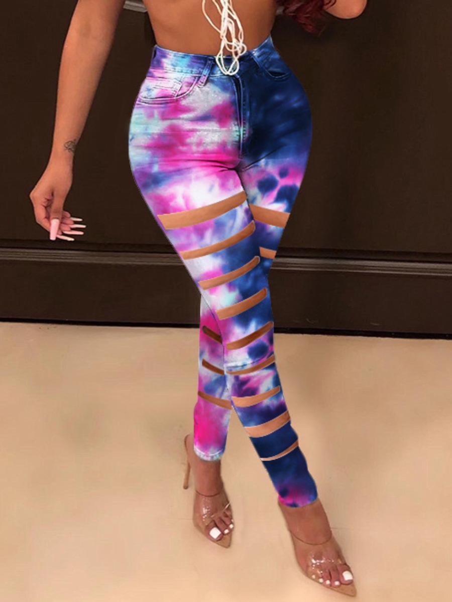 

Lovely Street Tie-dye Ripped Deep Blue Jeans