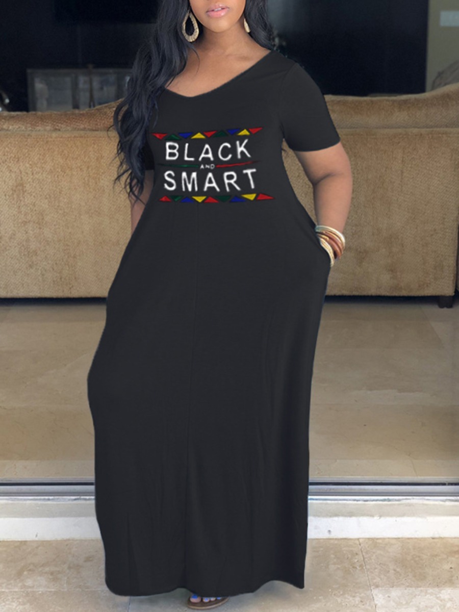 

Lovely Plus Size Casual V Neck Letter Print Black Floor Length Dress