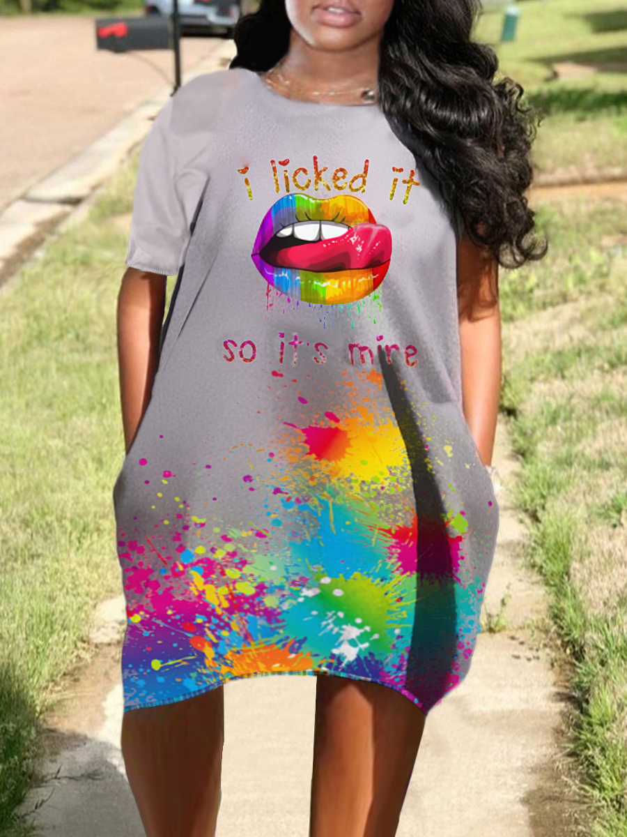 

Lovely Plus Size Casual Lip Print Splash-ink Design Grey Knee Length Dress