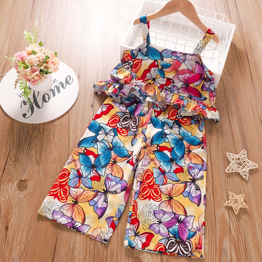 

Lovely Girl Boho Floral Print Flounce Design Multicolor Two-piece Pants Set, Multi