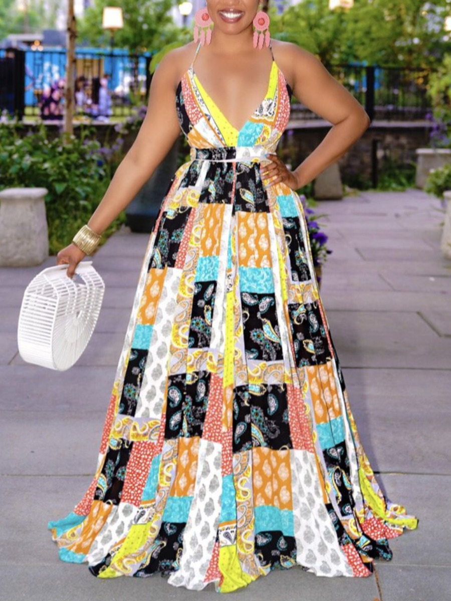 

Lovely Boho Geometric Print Backless Yellow Floor Length A Line Dress