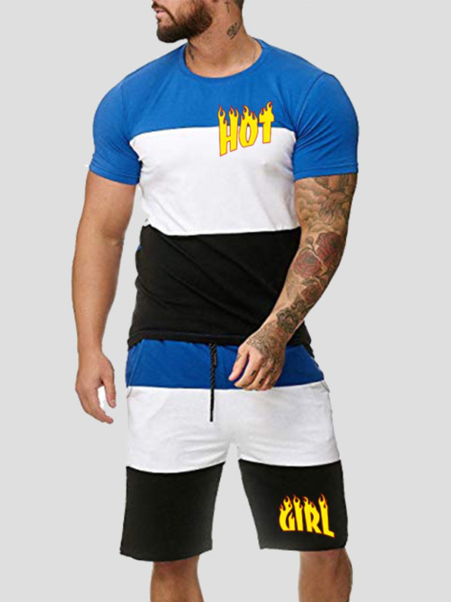 

Lovely Men Casual Letter Print Patchwork Blue Two Piece Shorts Set