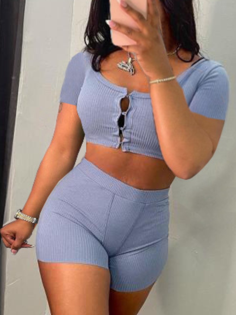 

Lovely Casual U Neck Button Design Blue Two Piece Shorts Set