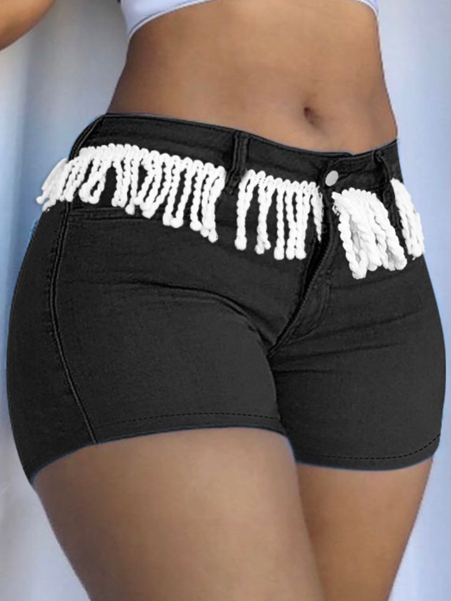 

LW Casual High-waisted Tassel Design Black Denim Shorts