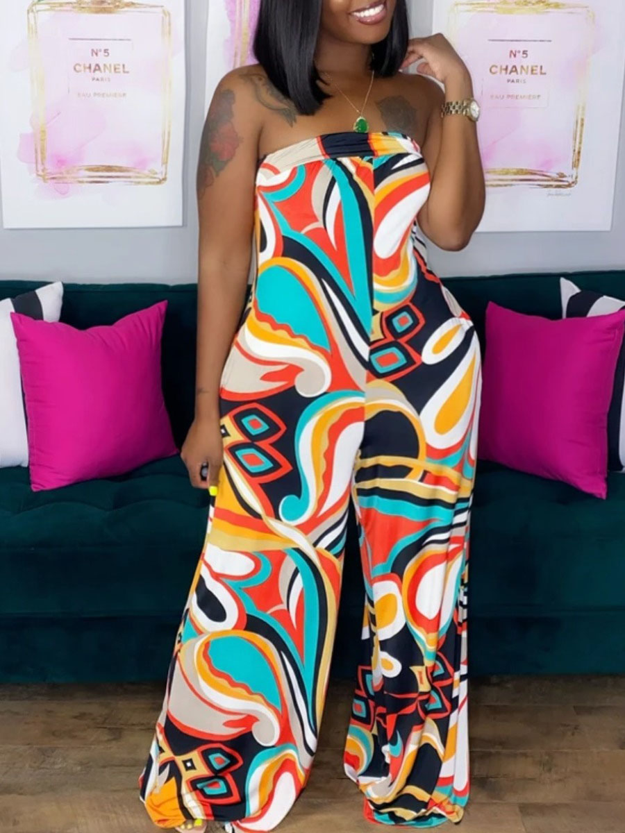 

LW Plus Size Off The Shoulder Mixed Print Jumpsuit, Red