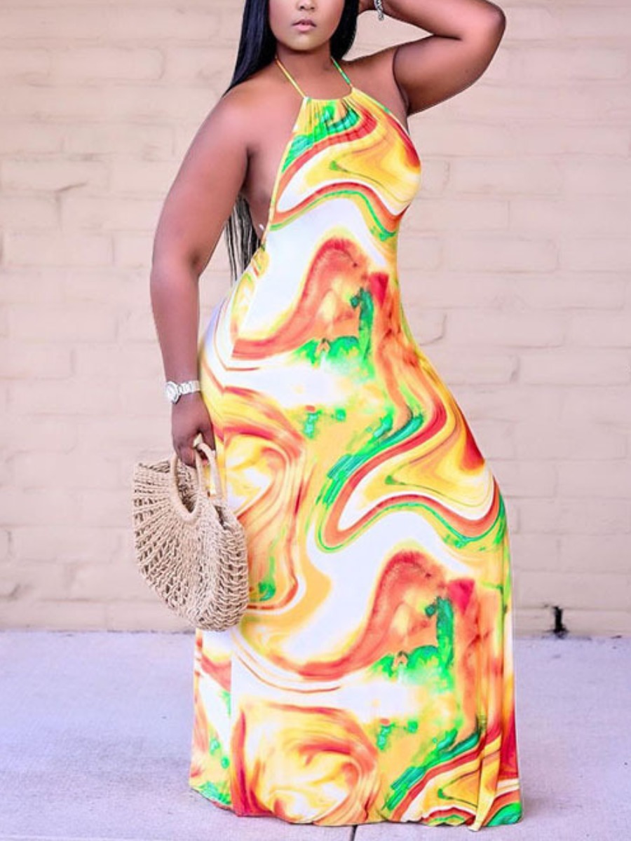 

Lovely Plus Size Boho Backless Print Yellow Floor Length Dress