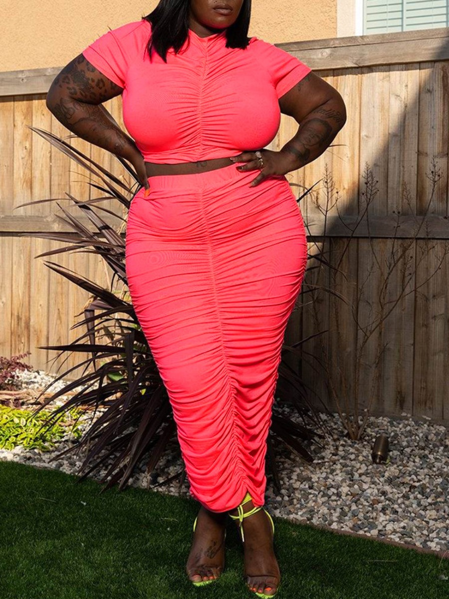 

Lovely Plus Size Sweet Half A Turtleneck Ruched Dark Pink Two-piece Skirt Set