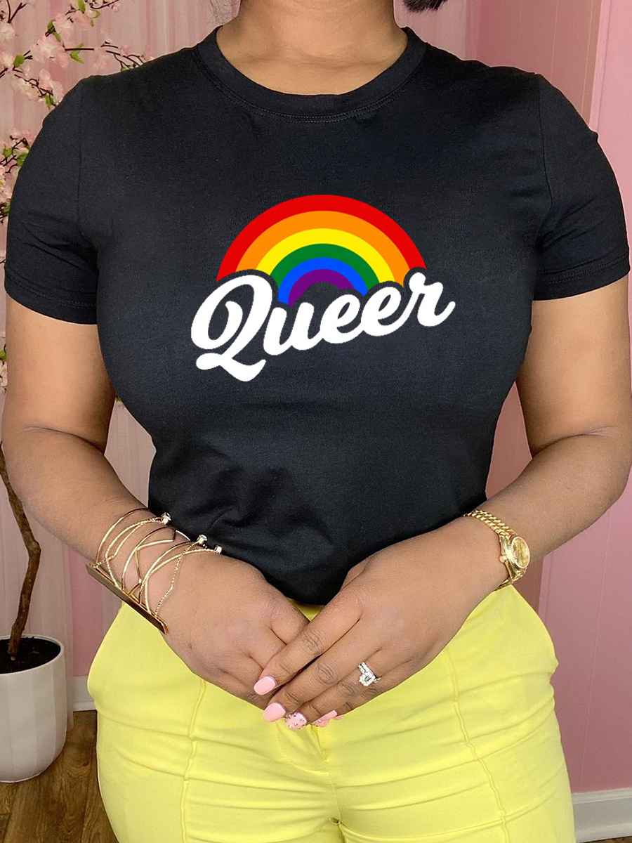 

Lovely Casual Rainbow Striped Letter Print Black T-shirt