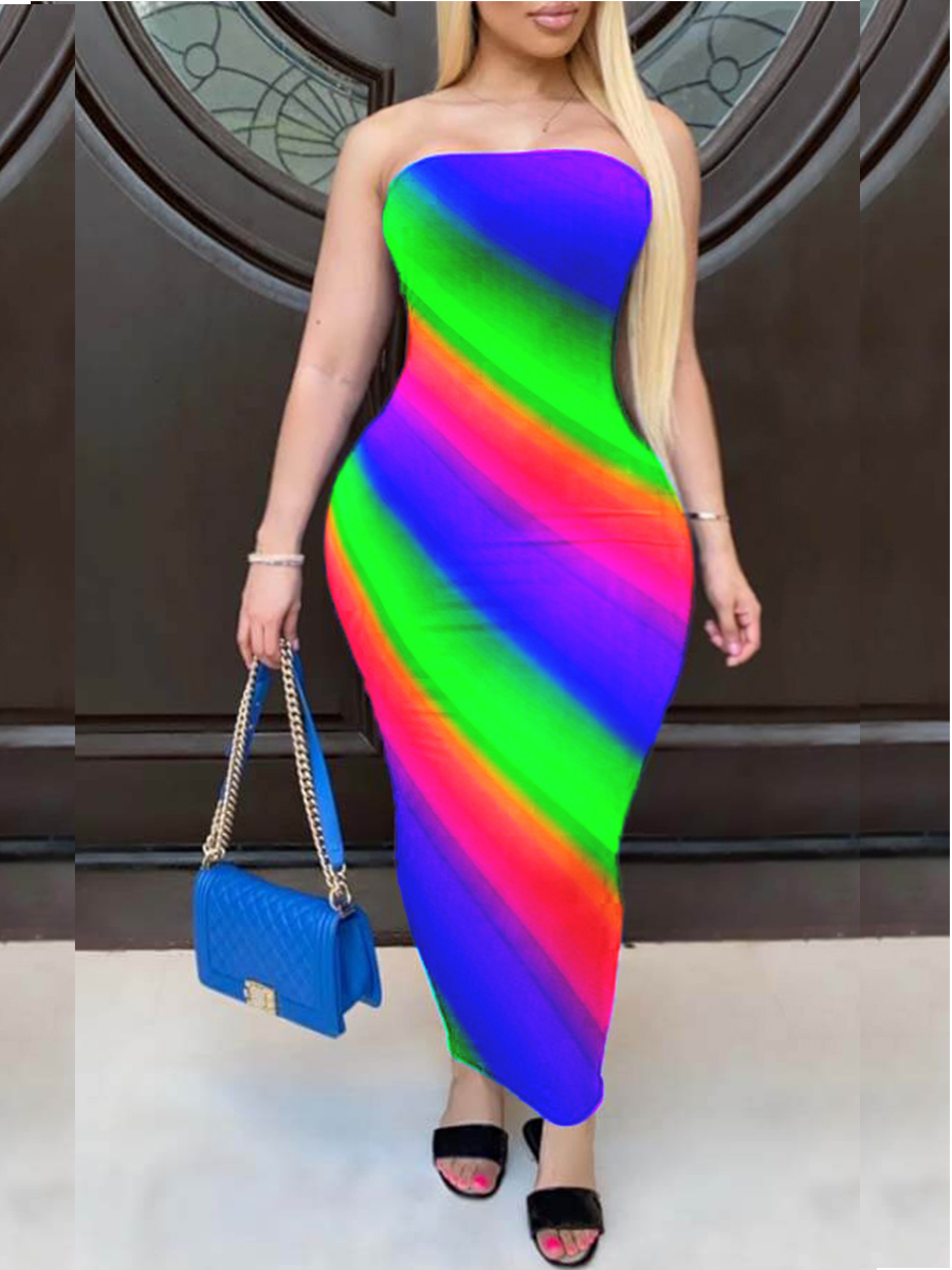 

Lovely Plus Size Sweet Off The Shoulder Striped Green Ankle Length Dress