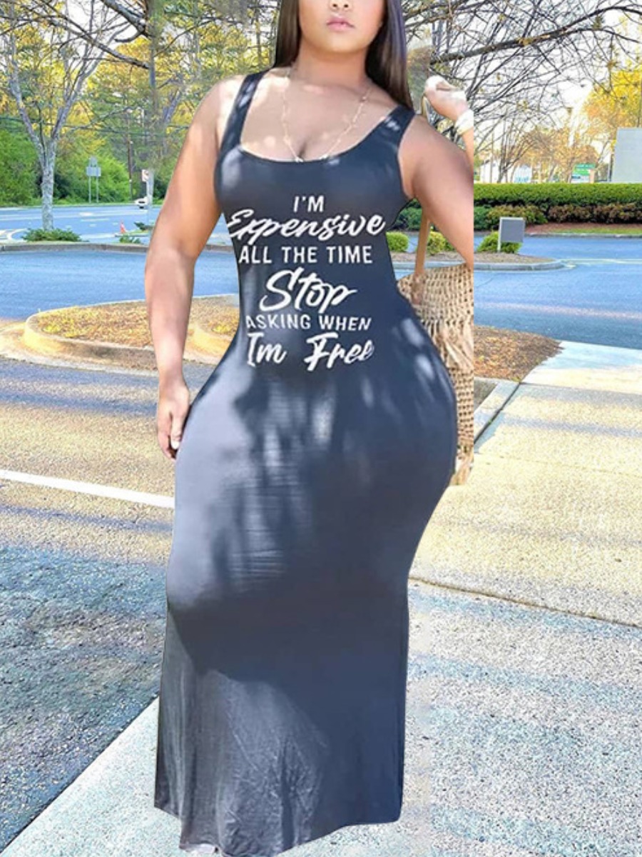 

Lovely Plus Size Casual U Neck Letter Print Grey Floor Length Dress