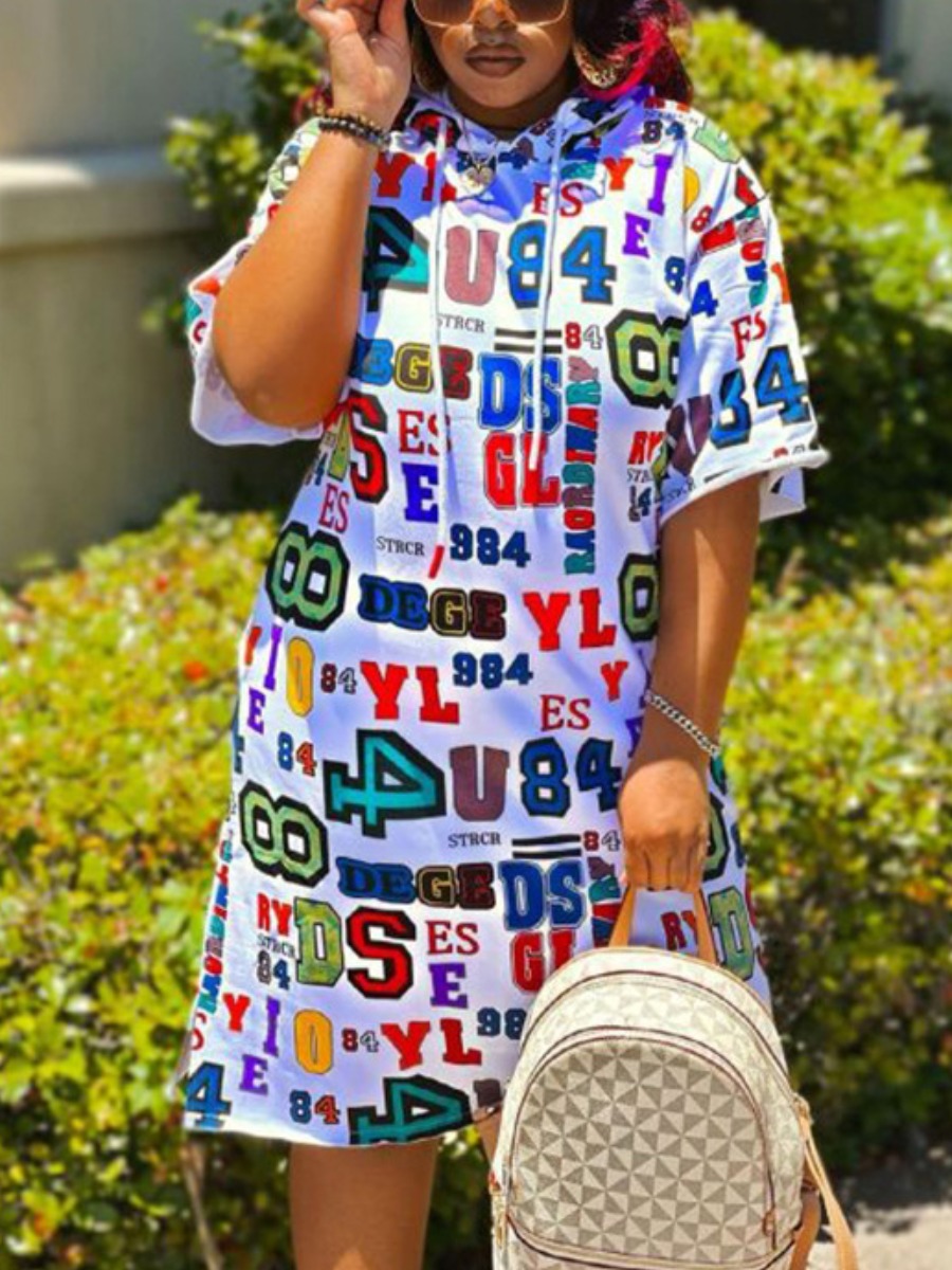 

Lovely Plus Size Street Hooded Collar Letter Print White Knee Length Dress