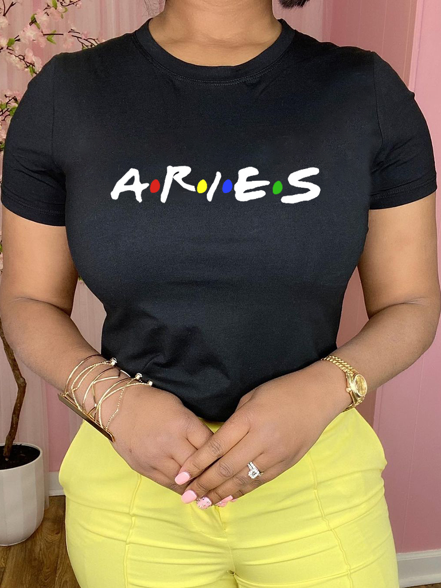 

Lovely Casual Round Neck Letter Print Pitch-black T-shirt