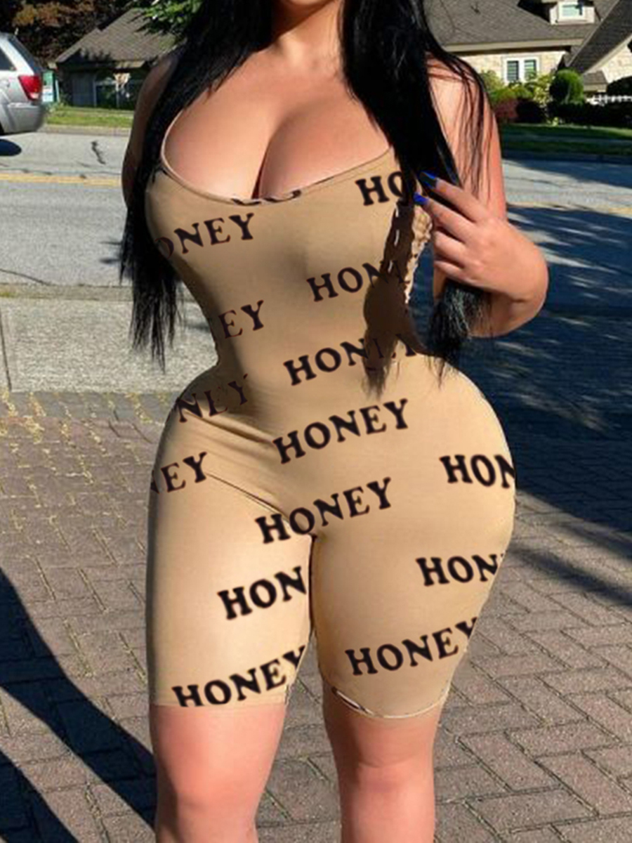 

Lovely Plus Size Street U Neck Letter Print Light Camel One-piece Romper