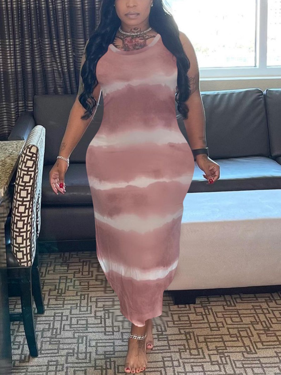 

Lovely Casual Round Neck Tie Dye Pink Ankle Length Dress