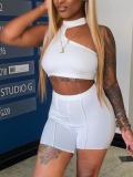 LW Casual One Shoulder Crop Top White Two Piece Shorts Set