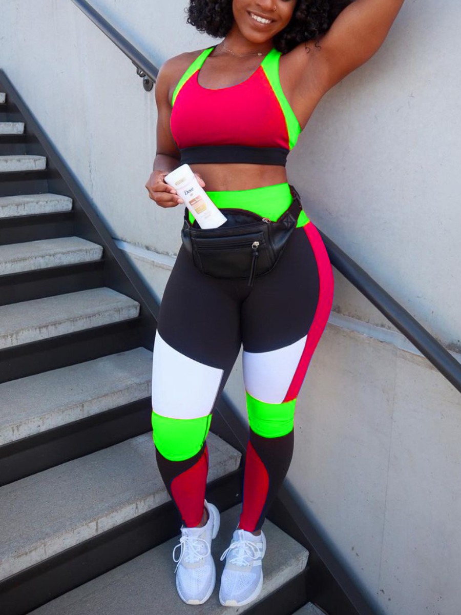 

Lovely Sporty Color-lump Patchwork Skinny Red Two Piece Pants Set