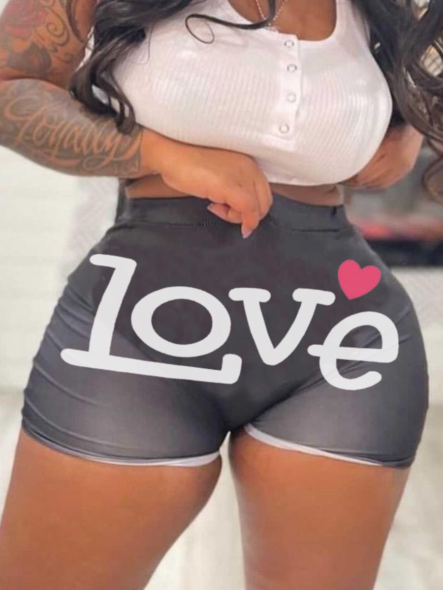 

Lovely Casual Heart-shaped Letter Print Black Shorts