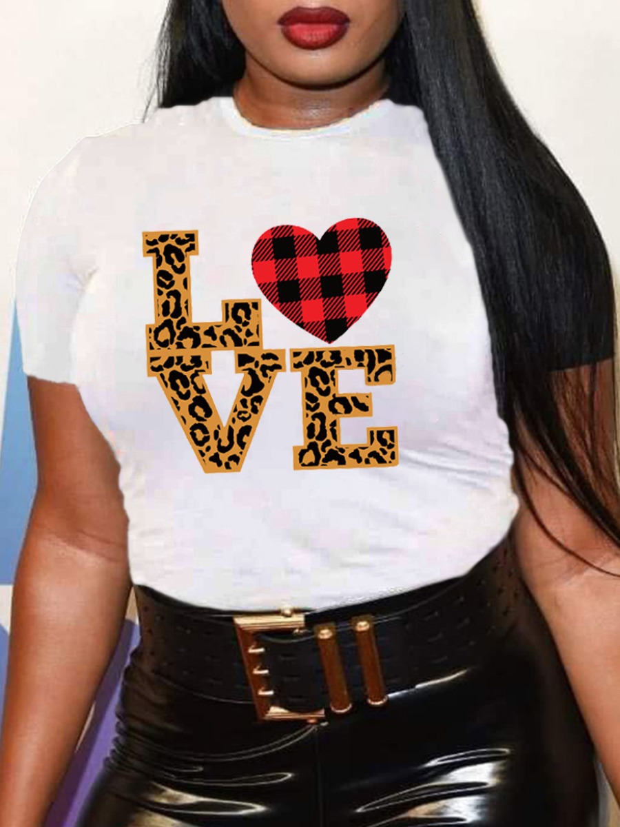 

Lovely Plus Size Casual Heart-shaped Letter Print White T-shirt