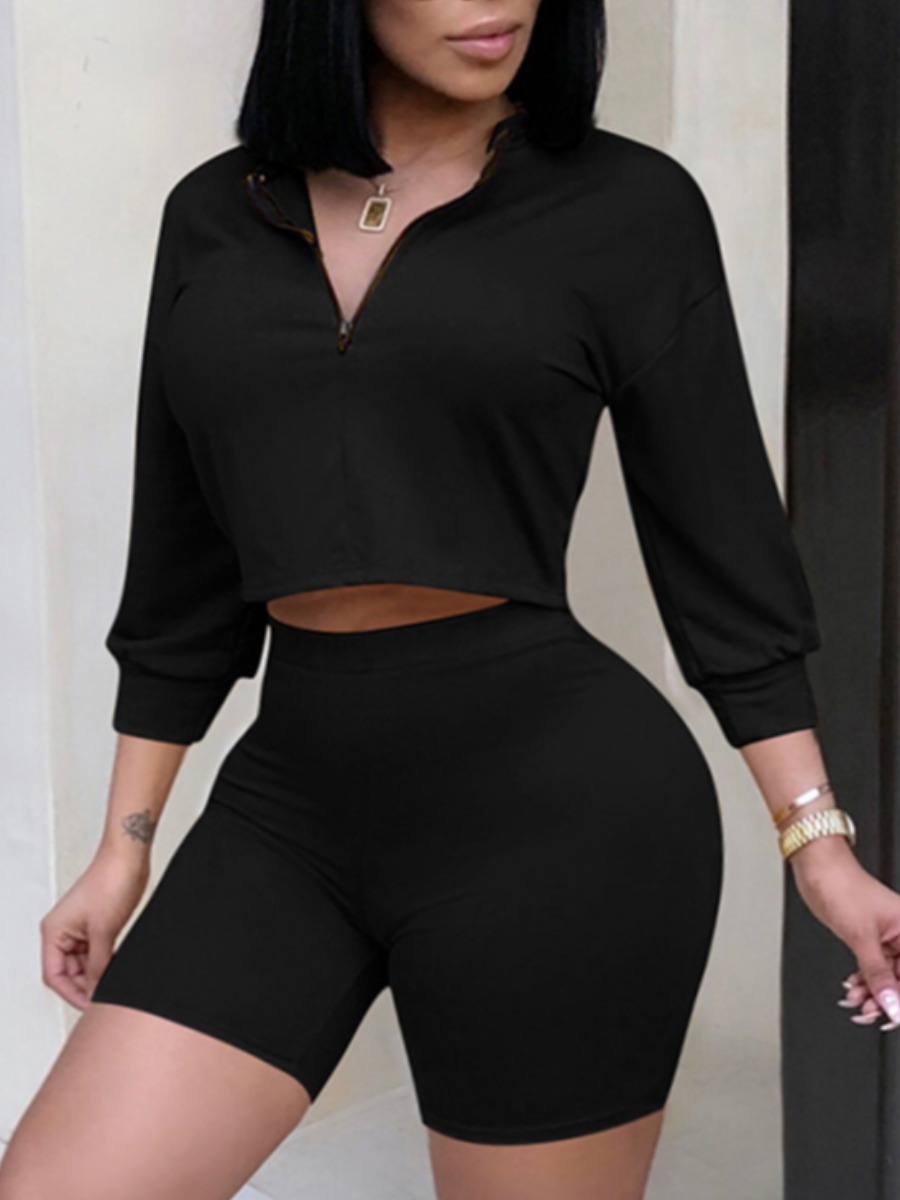 

Lovely Plus Size Casual V Neck Elastic Black Two-piece Shorts Set