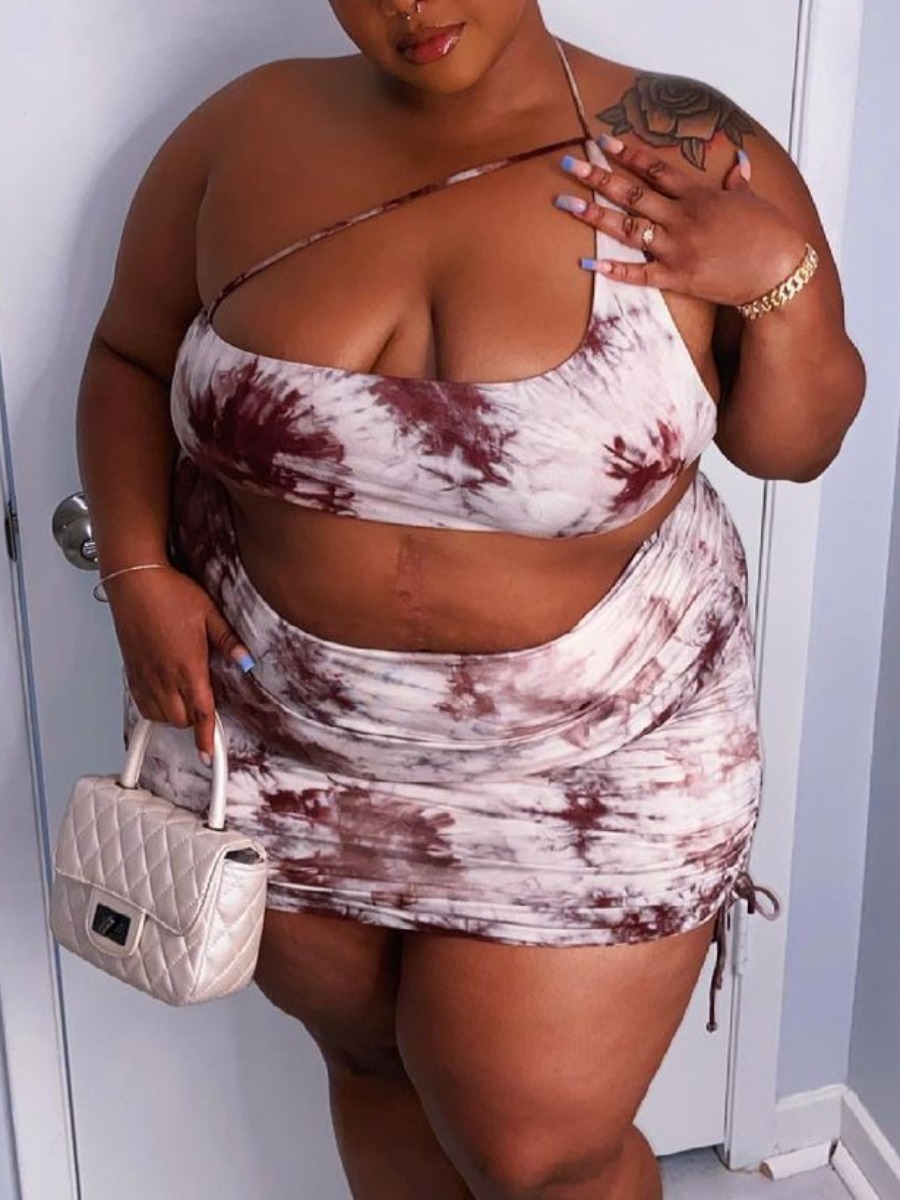 

Lovely Plus Size Street Tie-dye Drawstring Dull Red Two-piece Skirt Set