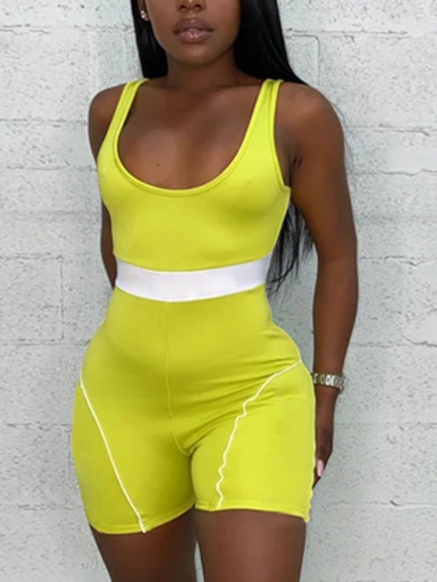 

Lovely Sporty U Neck Color-lump Yellow One-piece Romper