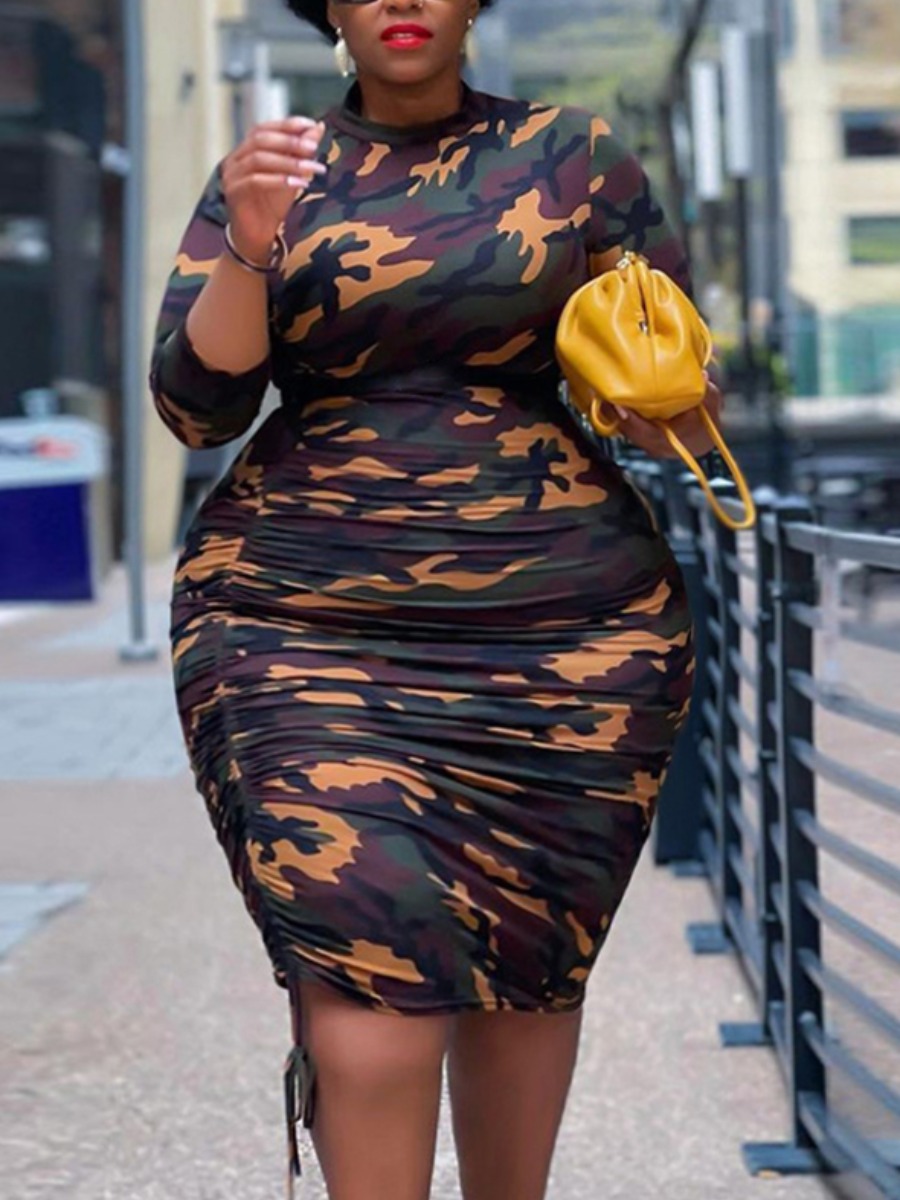 

Lovely Plus Size Casual Camo Print Drawstring Knee Length Dress