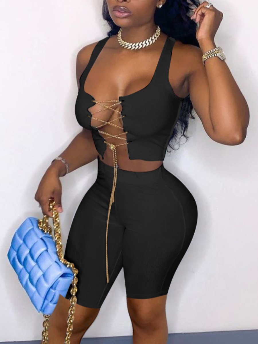 LW SXY Chain Hollow-out Design Black Two Piece Shorts Set