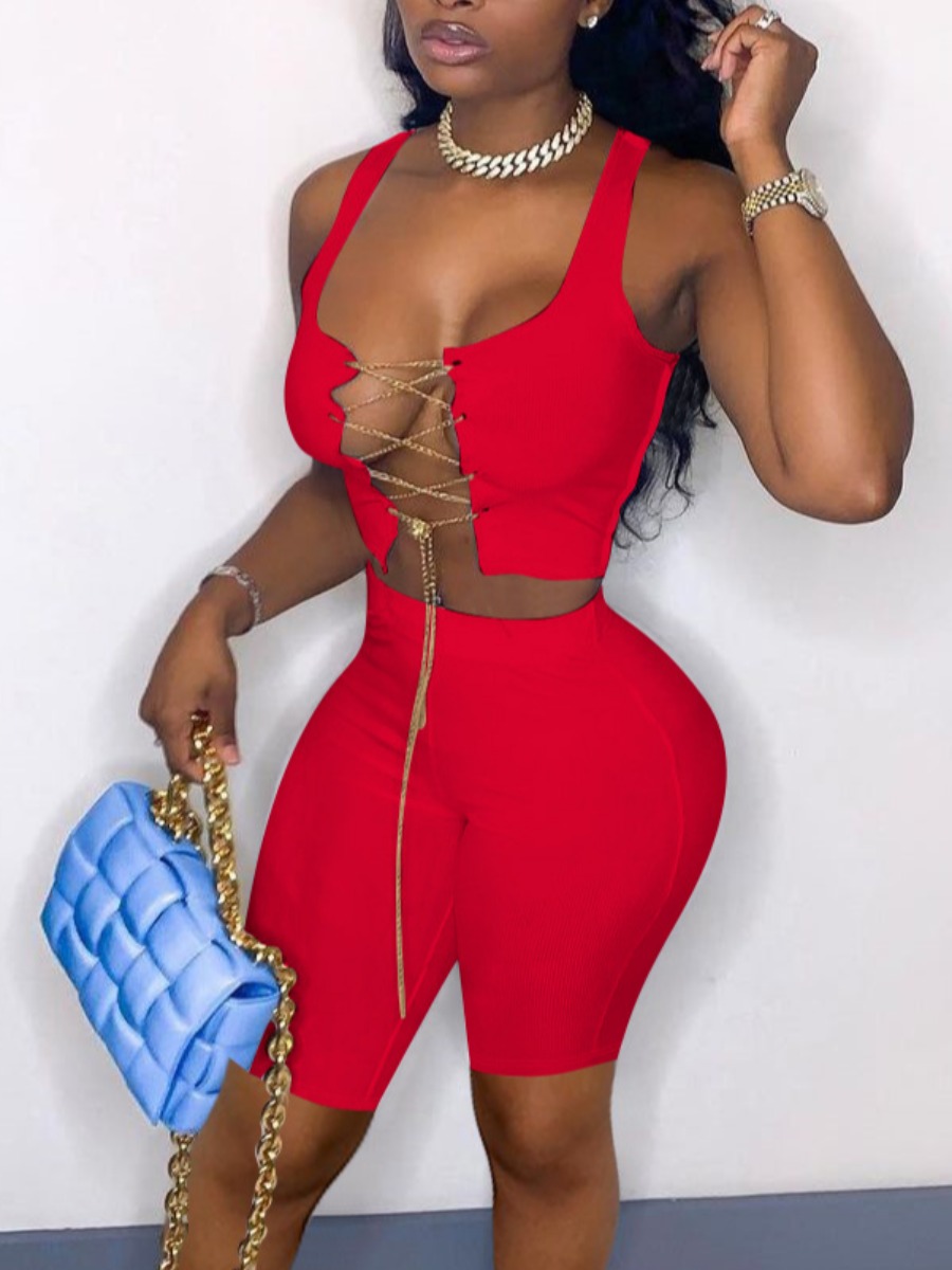 

LW SXY Chain Hollow-out Design Red Two Piece Shorts Set