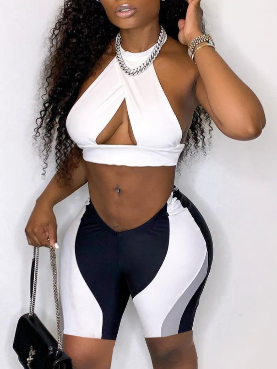 

Lovely Street Color-lump Backless White Two Piece Shorts Set
