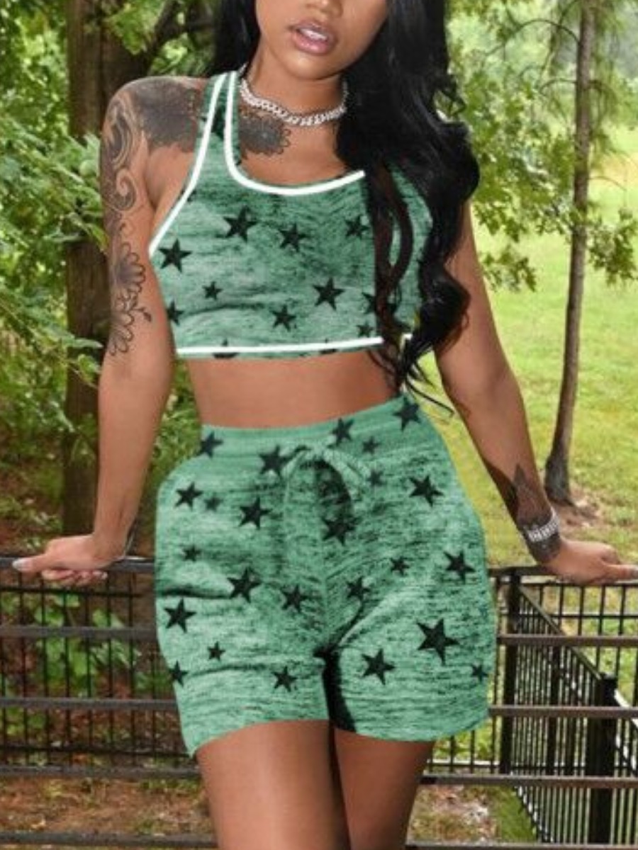 

Lovely Sporty Star Print Drawstring Green Active Two Piece Shorts Set