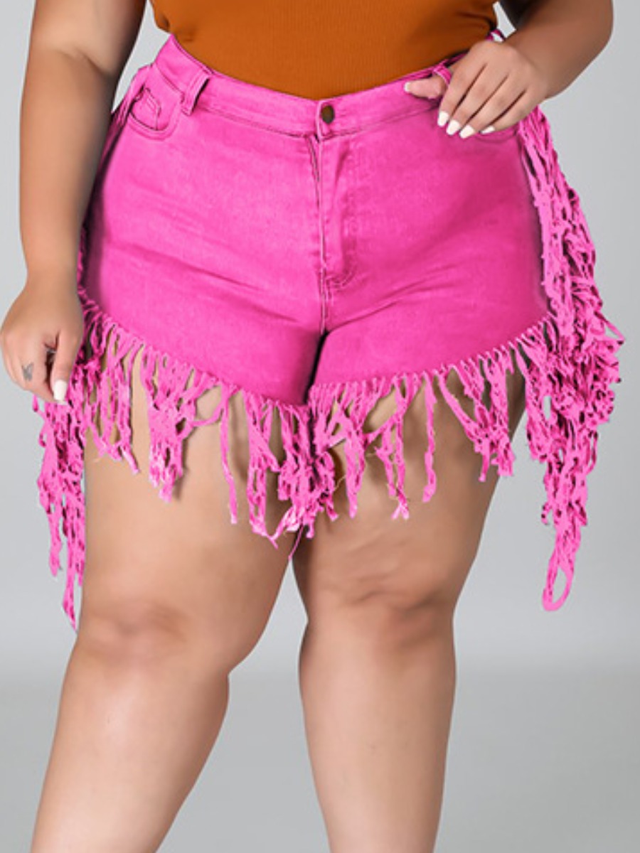 

LW Plus Size Casual Mid Waist Tassel Design Rose Red Denim Shorts