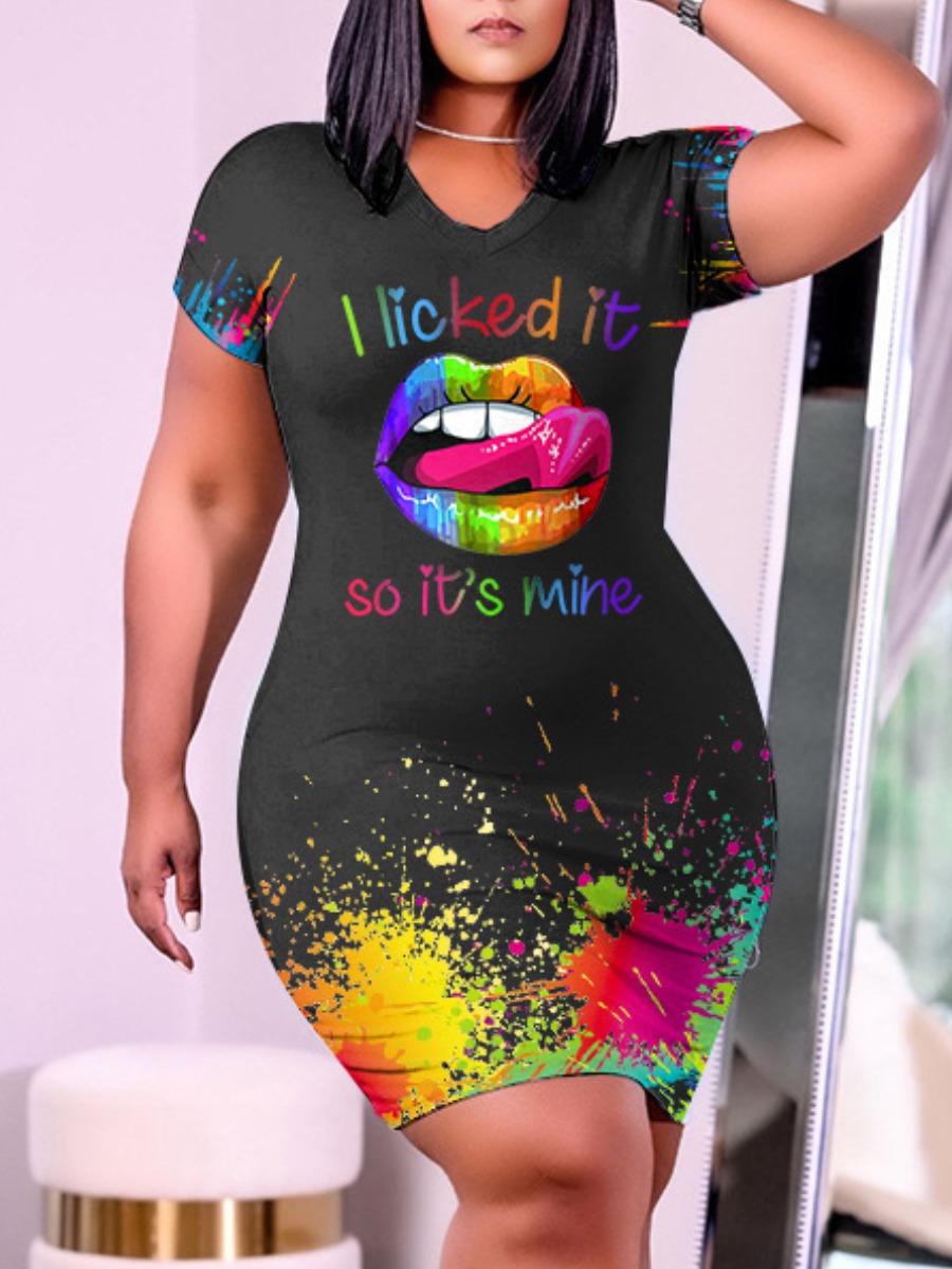 

LW Plus Size Street Lip Print Splash-ink Design Carbon Black Knee Length Dress
