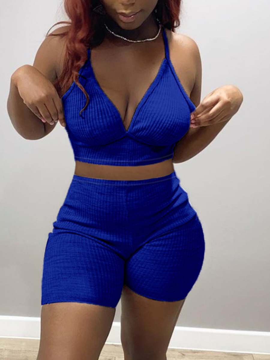 

Lovely Sexy V Neck Rib-Knit Deep Blue Two Piece Shorts Set